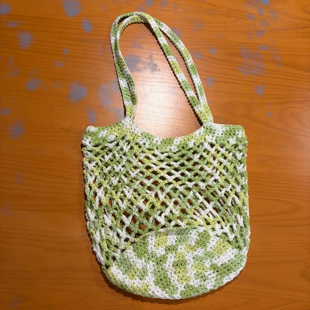 Handmade‎ Crochet Market Bag Green White Variegated Mesh Net Tote Boho Cotton